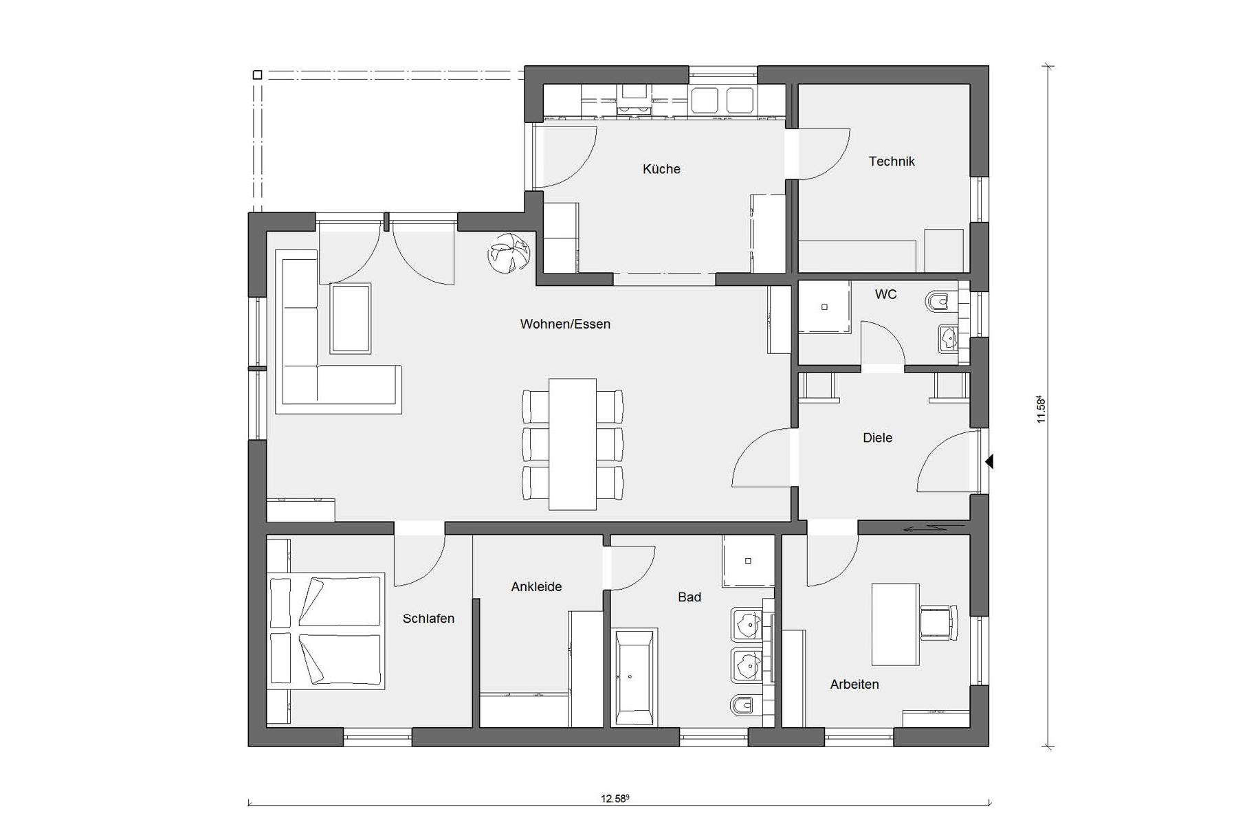 Plan d'étage rez-de-chaussée E -10-113.1 Bungalow familial