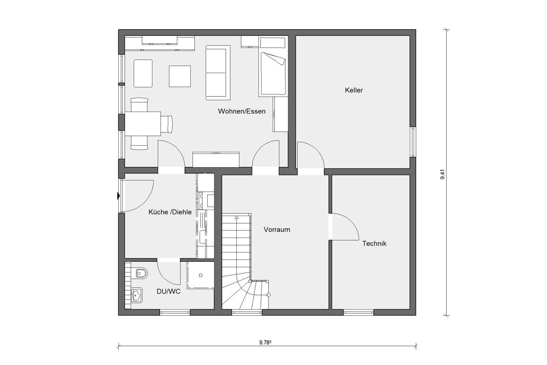 [Translate to Français:] Grundriss Kellergeschoss Haus quadratisch E 15-159.2