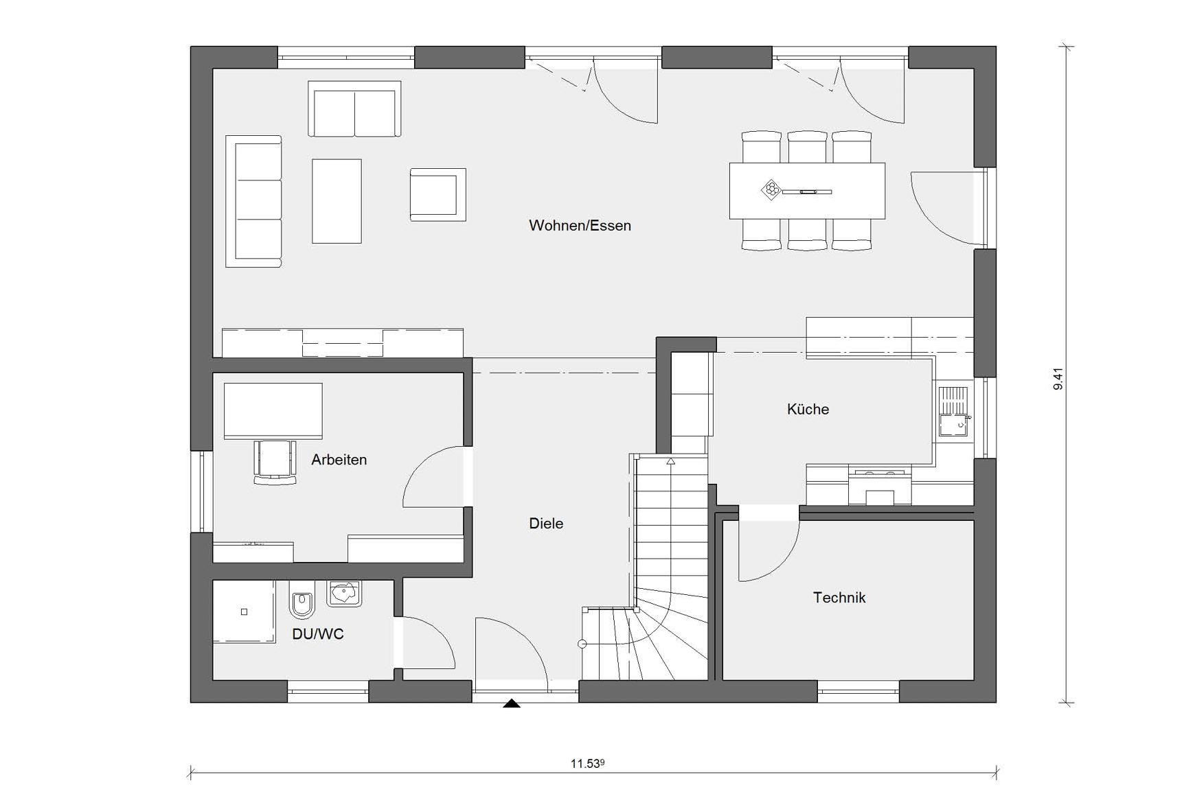 Grundriss Erdgeschoss E 20-181.2 Satteldach-Haus ohne Dachvorsprung