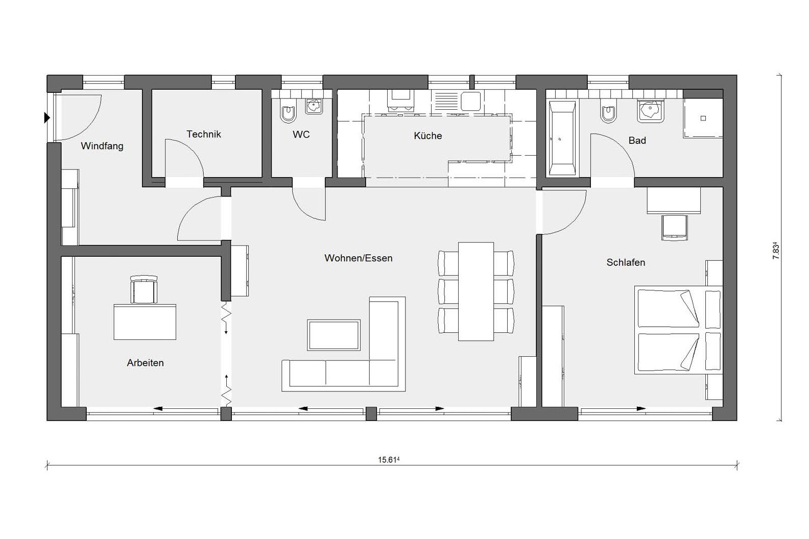Plan d'étage rez-de-chaussée E 10-102.4 Bungalow à toit plat