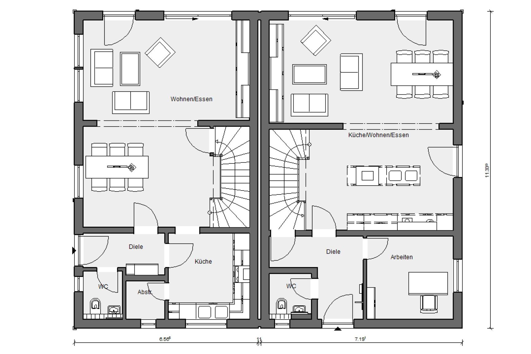 Plan d'étage rez-de-chaussée D 15-121.3/ D 15-133.1 Maison jumelée avec toit en selle