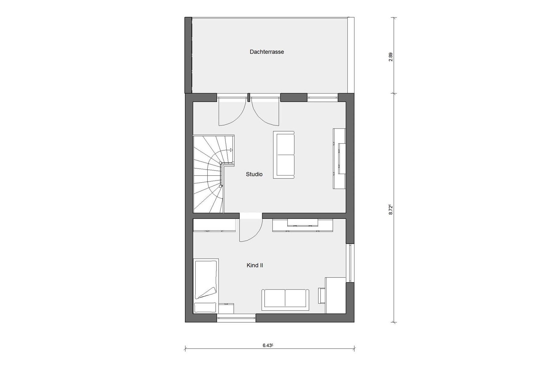 [Translate to Français:] Grundriss Dachgeschoss D 25-166.2 Doppelhaus mit Dachterrasse