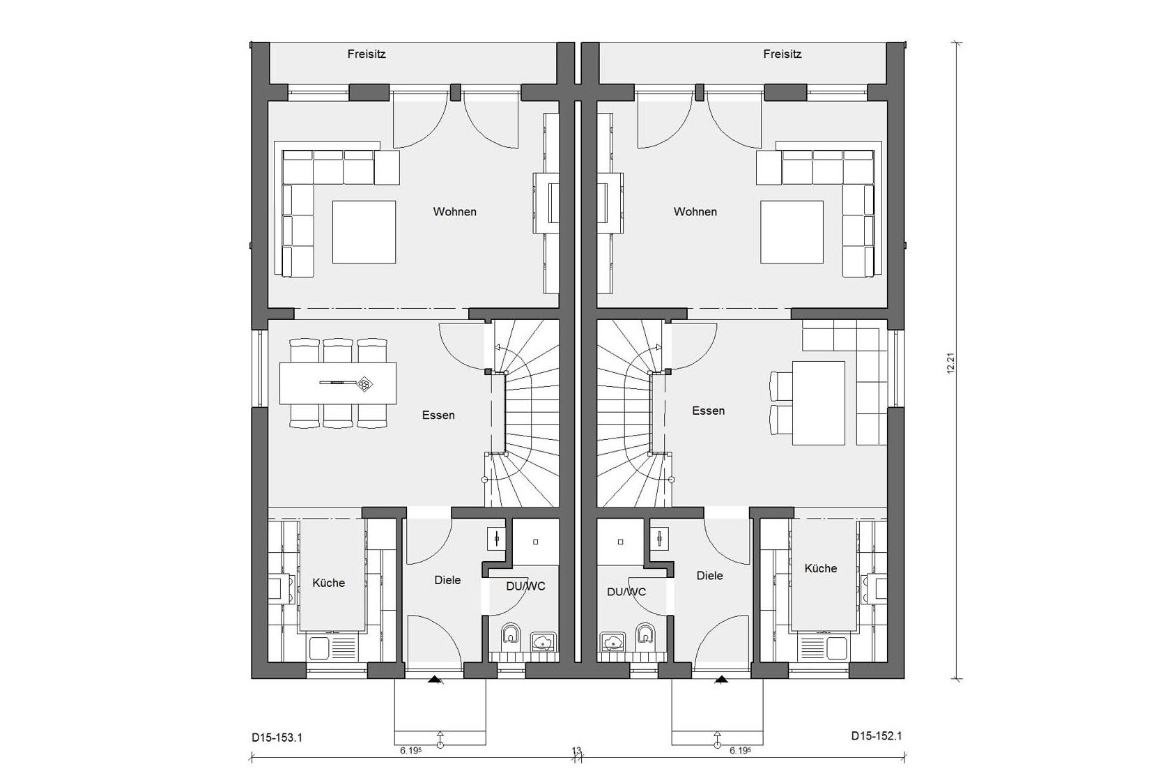 Plan d'étage rez-de-chaussée D 15-153.1/D 15-152.1 Maison jumelée moderne