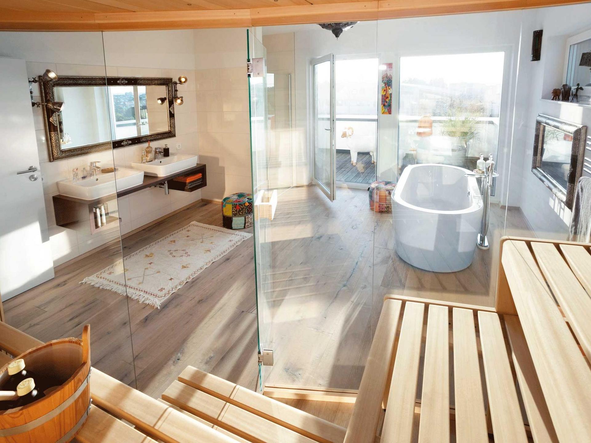 Spa with sauna and freestanding bathtub
