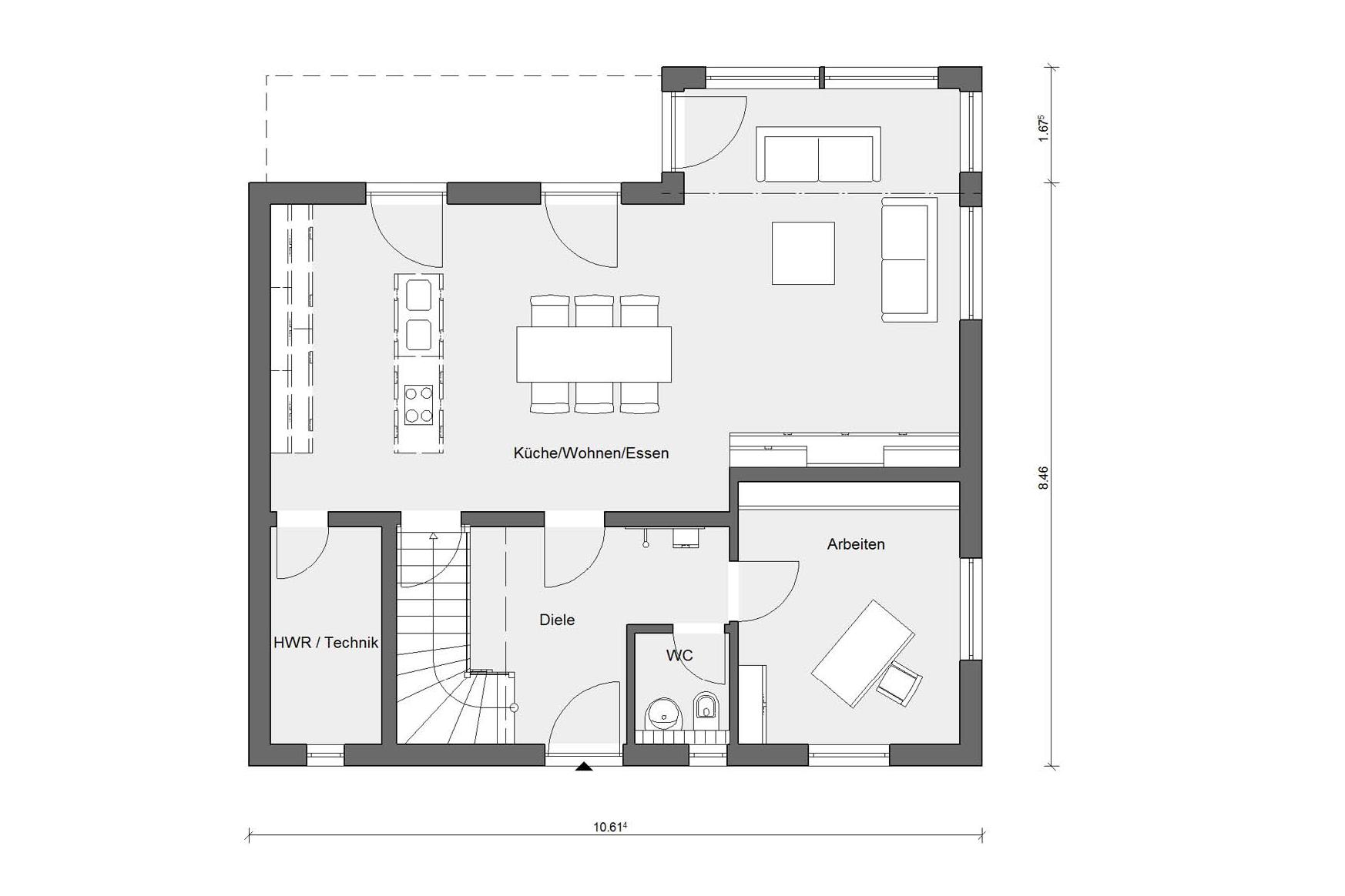 Plano de la planta baja E 20-159.4 Villa con techo a cuatro aguas