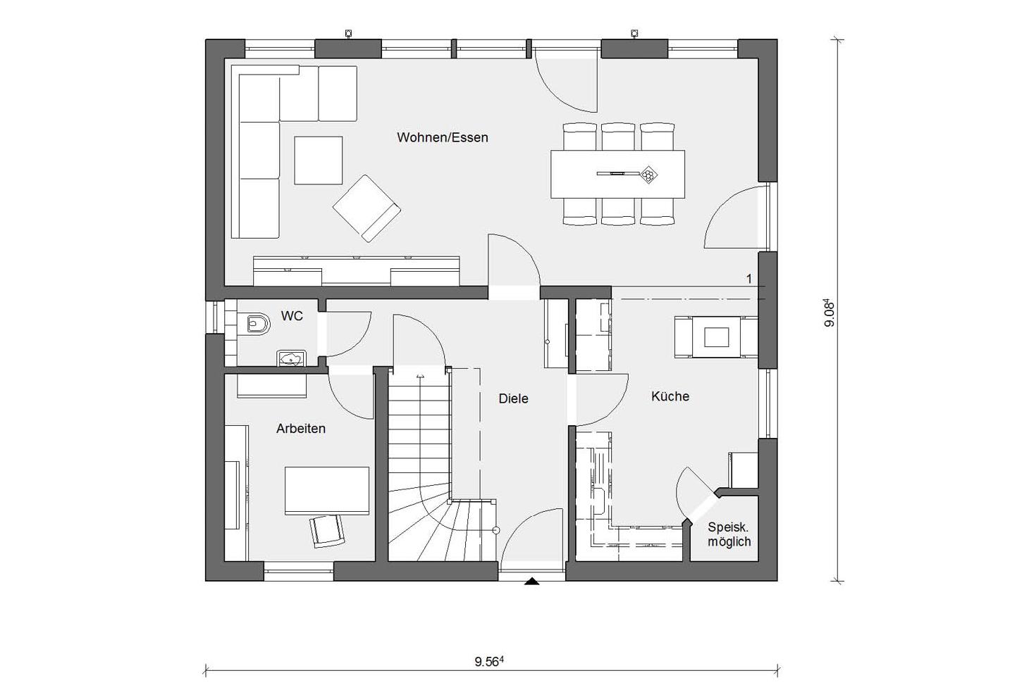 Plan d'étage rez-de-chaussée E 15-143.8 Maison préfabriquée scandinave