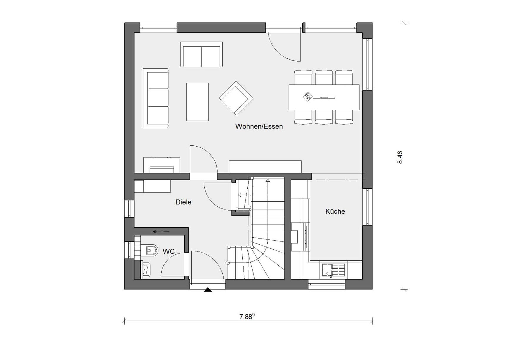 Grundriss Erdgeschoss E 20-108.3 Fertighaus mit zwei Vollgeschossen