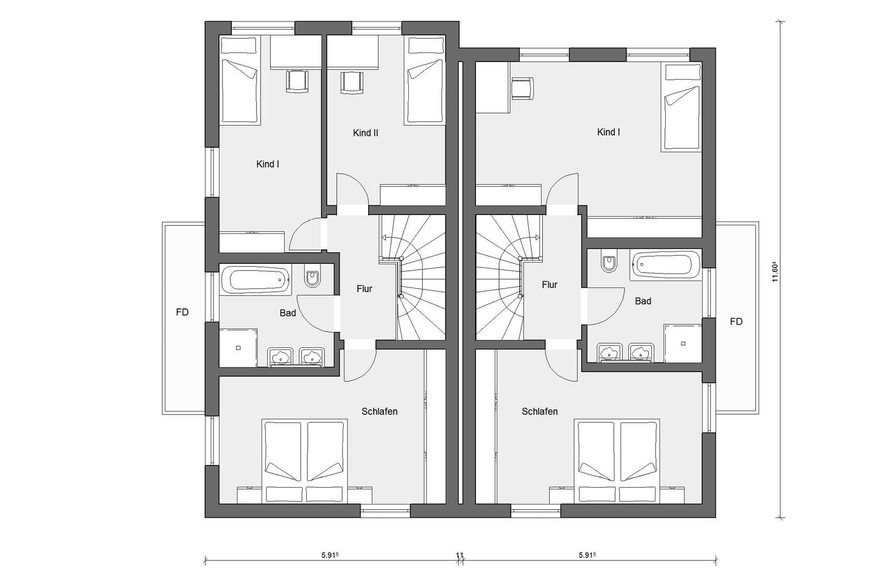 Grundriss Dachgeschoss D 20-109.1/D 20-103.1 Versetztes Doppelhaus