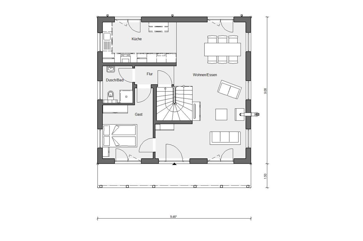 Plan d'étage rez-de-chaussée E 15-142.5 maison préfabriquée country