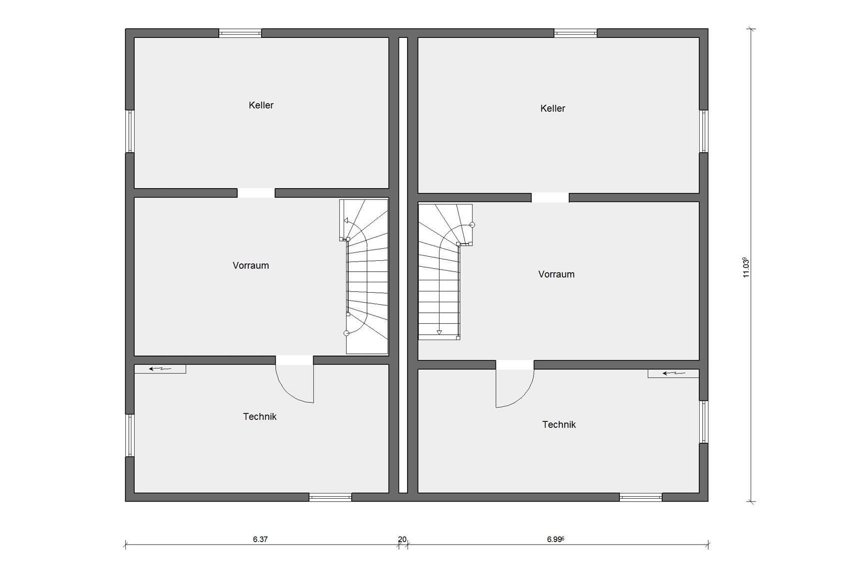 Plan d'étage cave D 15-121.3/ D 15-133.1 Maison jumelée avec toit en selle