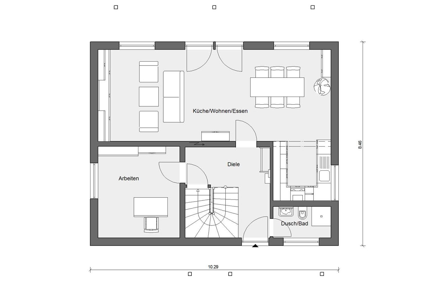 Grundriss Erdgeschoss E 15-143.17 Haus mit versetztem Dach