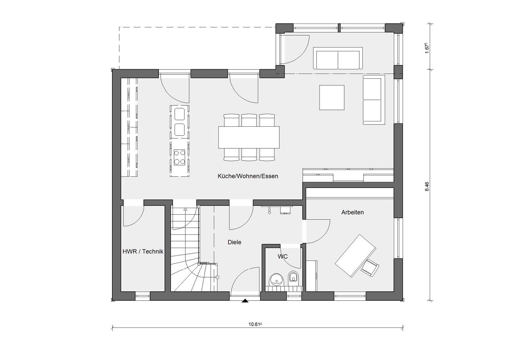 Erdgeschoss Grundriss Fertighaus mit Holzfassade E 20-159.1