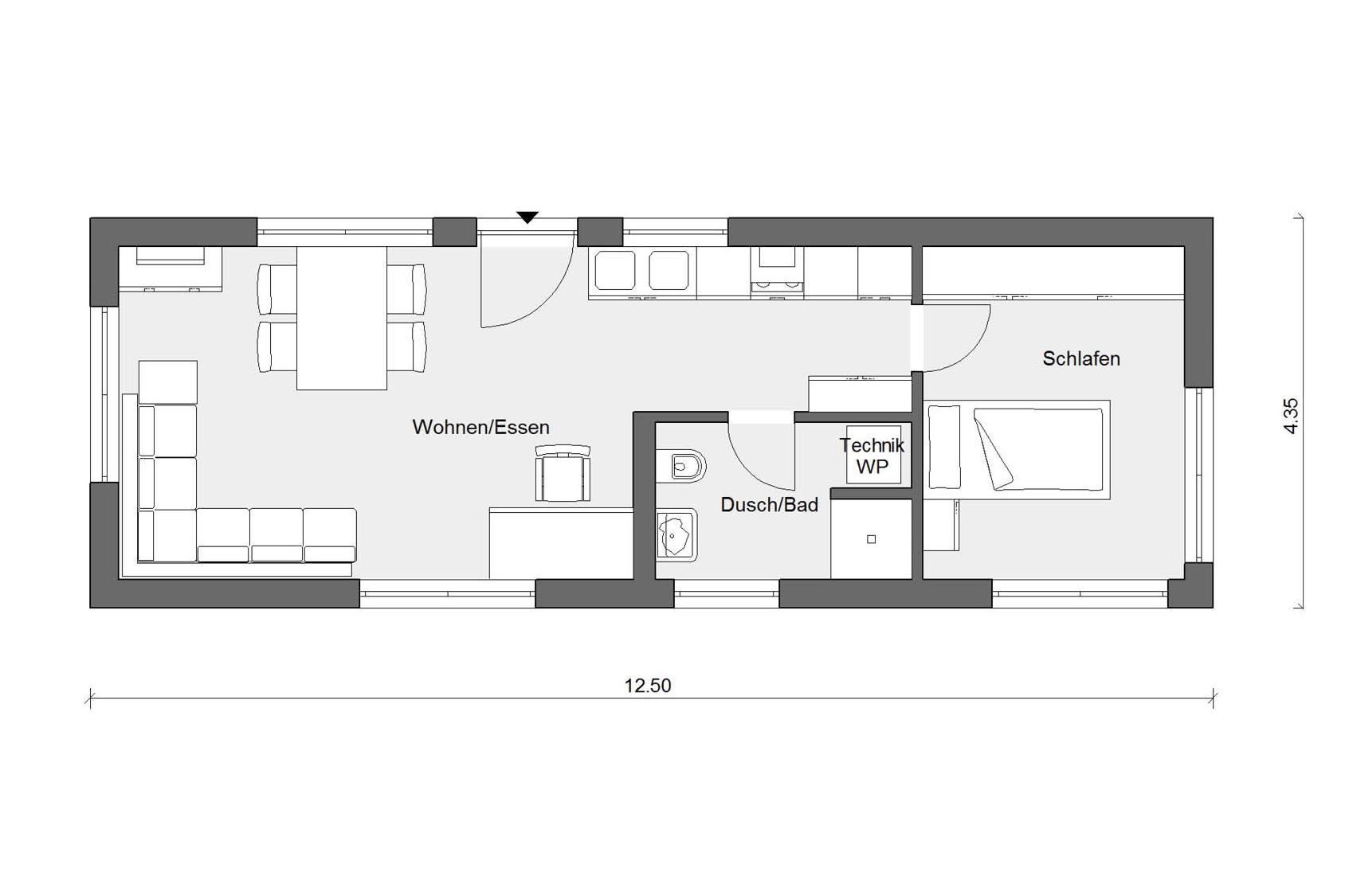Ground floor floor plan mobile living module for singles F 10-043.12