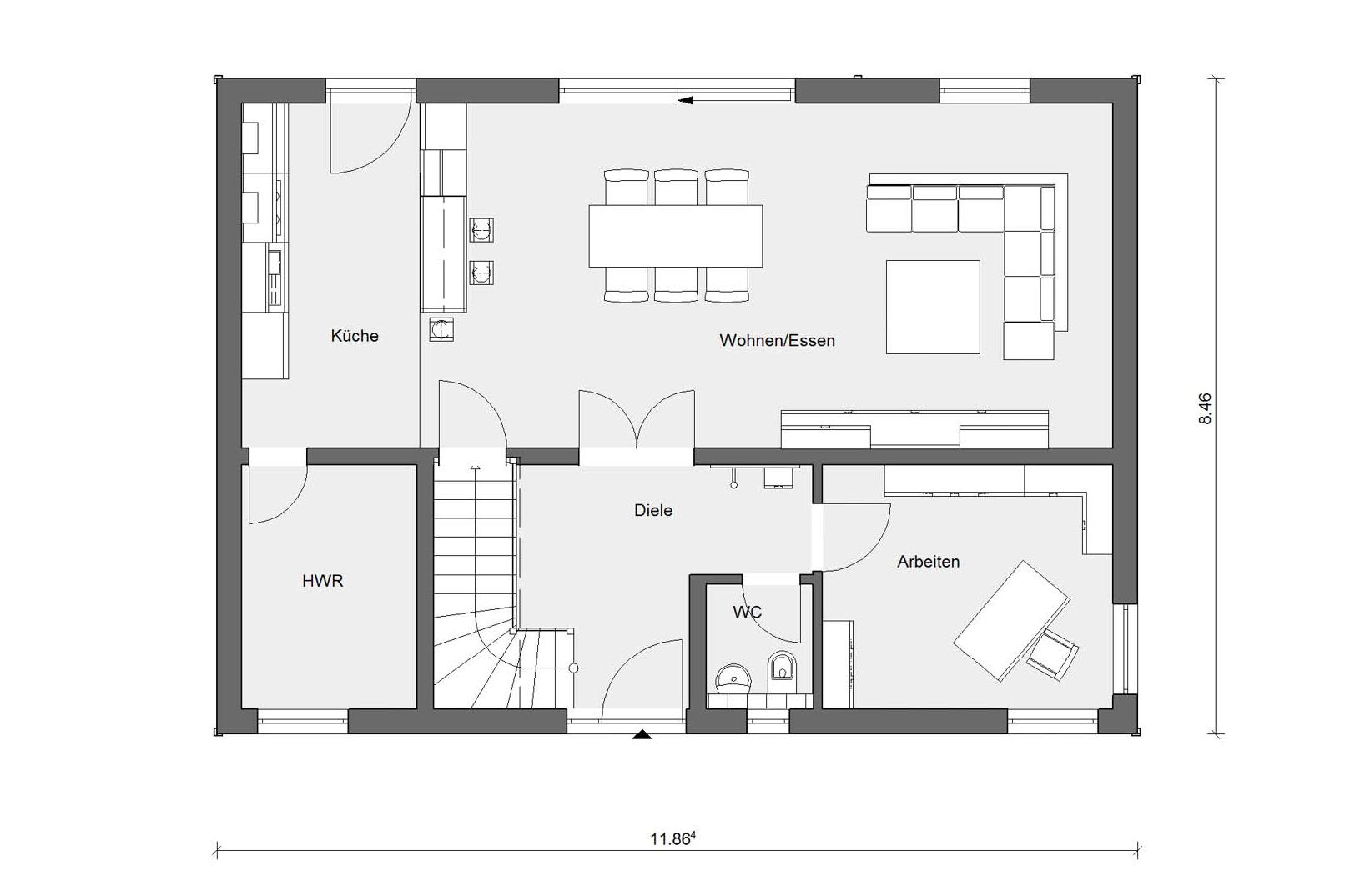Plano de la planta baja E 20-165.4 casa prefabricada moderna