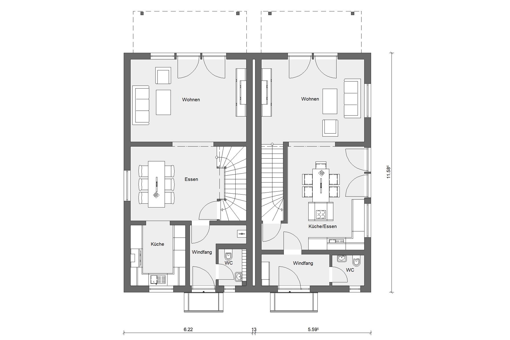 Grundriss Erdgeschoss Doppelhaus dreigeschossig 