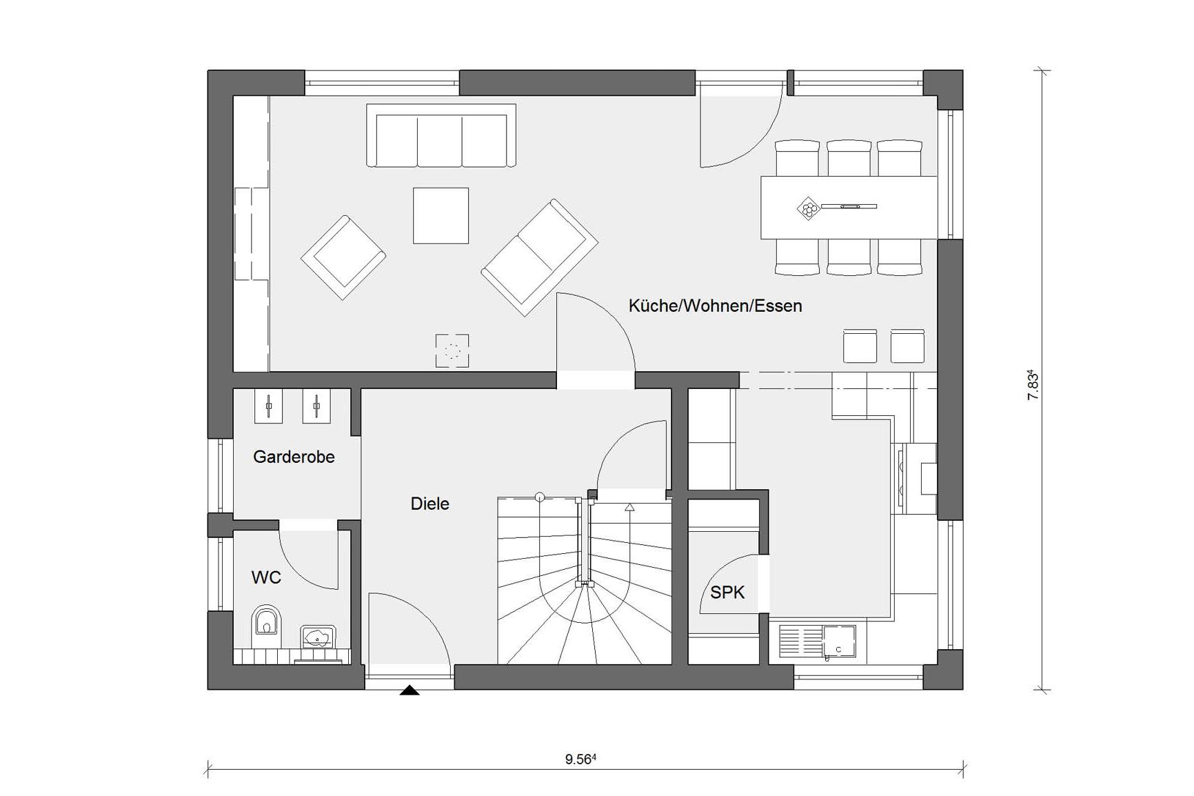 Erdgeschoss Grundriss E 15-123.5 kompaktes Einfamilienhaus
