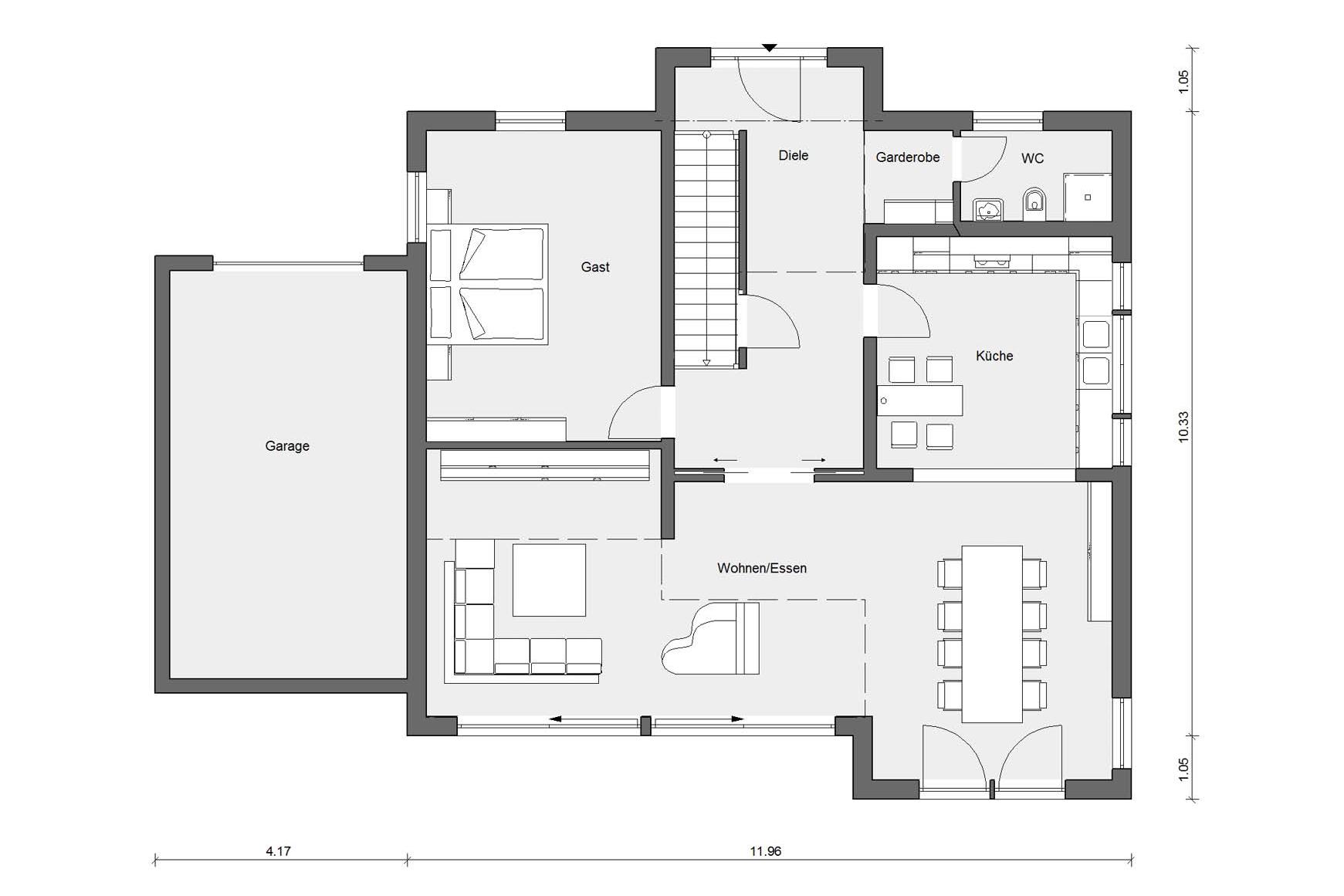 [Translate to Français:] Grundriss Erdgeschoss E 15-197.2 Fertighaus mit Klinkerfassade