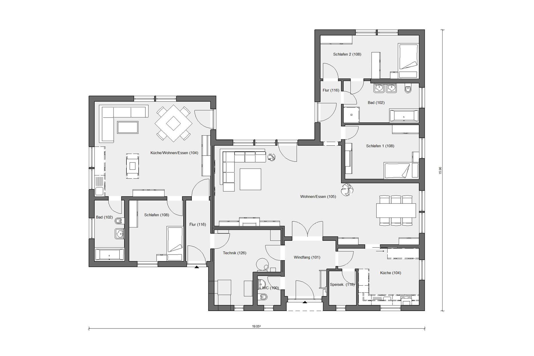 Grundriss Erdgeschoss Bungalow in U-Form M 10-188.1