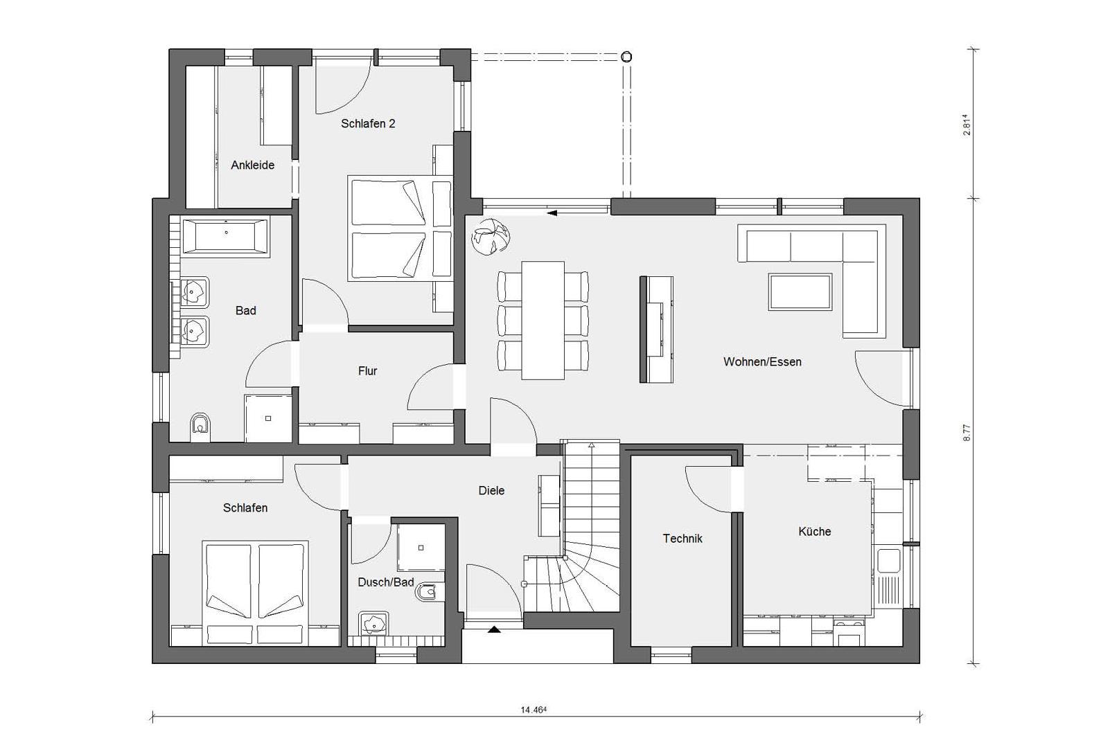 [Translate to Français:] Grundriss Erdgeschoss E 15-244.1 Landhaus modern 