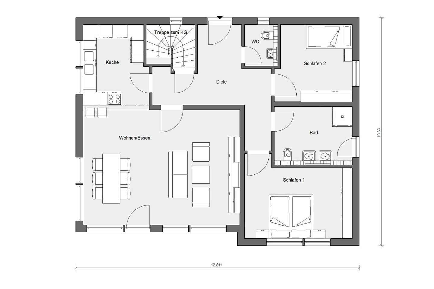 [Translate to Français:] Grundriss Erdgeschoss E 10-103.1 Bungalow mit Satteldach