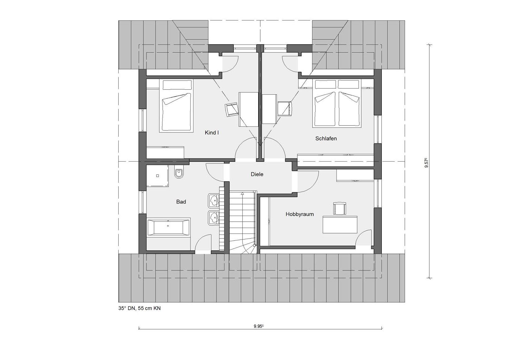 Grundriss Dachgeschoss E 15-157.1 Fertighaus mit Quergiebel