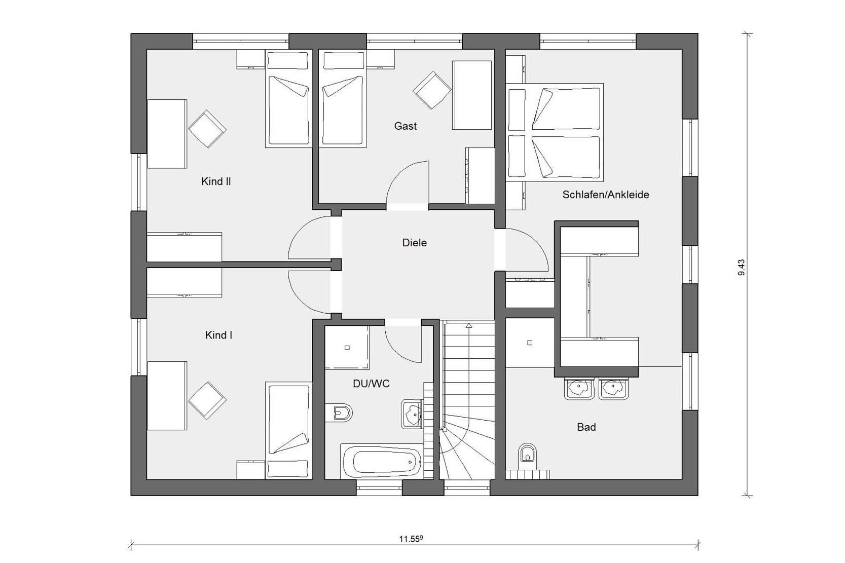 Grundriss Obergeschoss E 20-181.2 Satteldach-Haus ohne Dachvorsprung