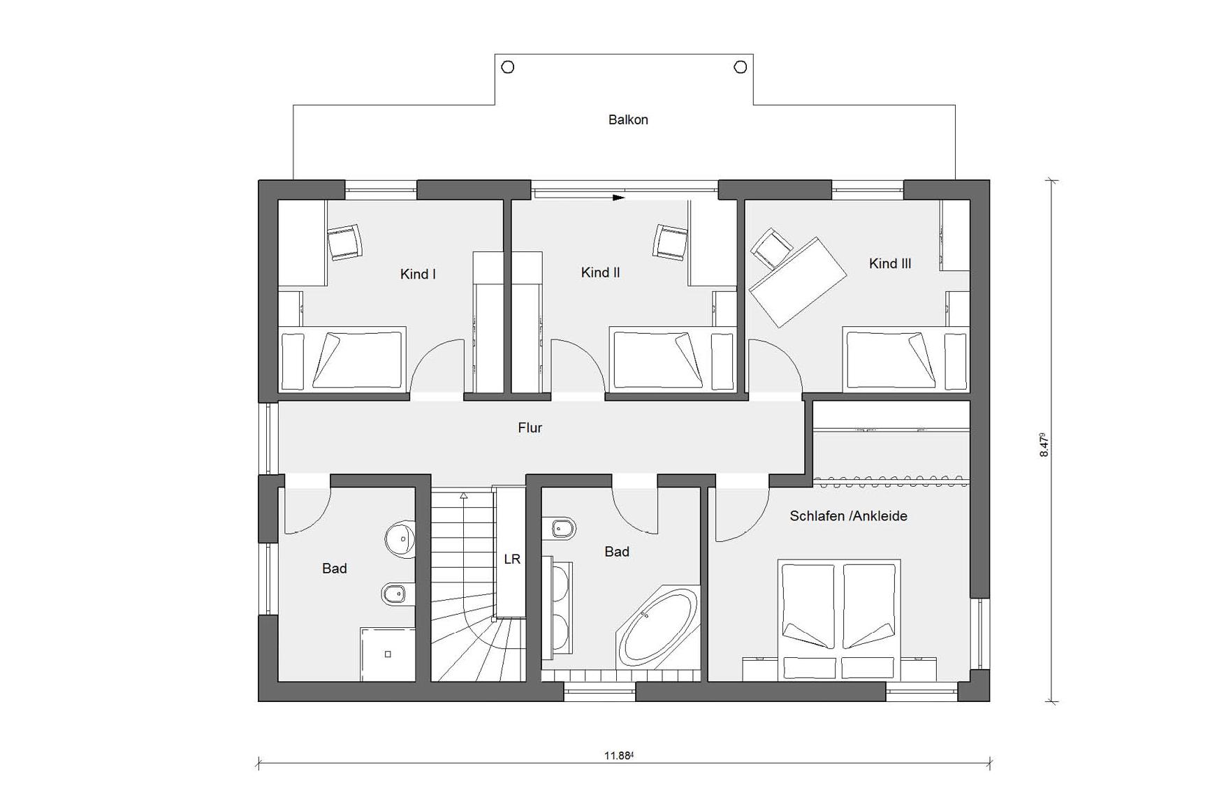 [Translate to Français:] Dachgeschoss Grundriss Fertighaus mit 3 Kinderzimmern E 20-165.6