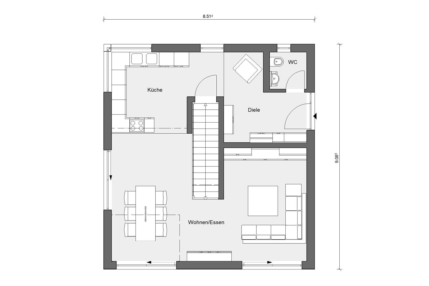 Plan d'étage rez-de-chaussée maison préfabriquée avec toit pentu E 15-122.2
