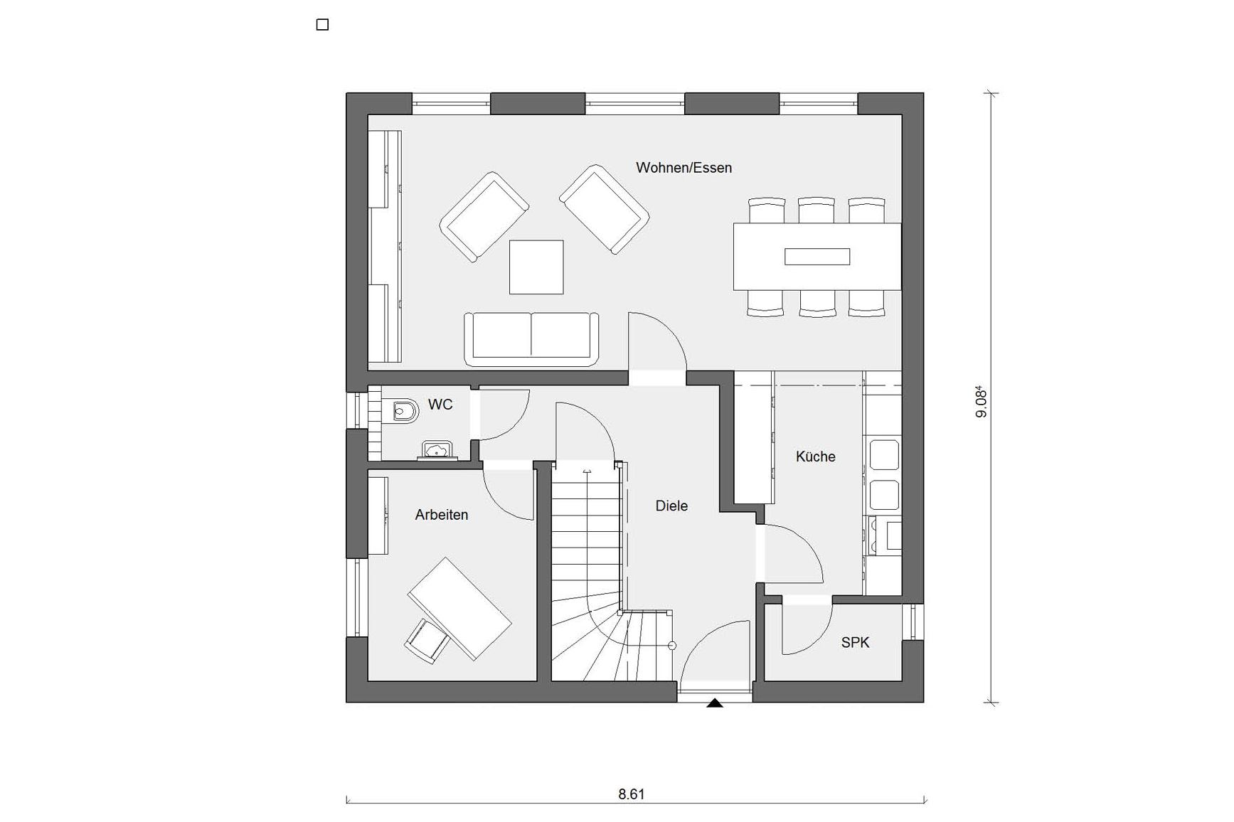 Plan d'étage rez-de-chaussée E 15-128.3 Maison avec un toit à une pente décalée